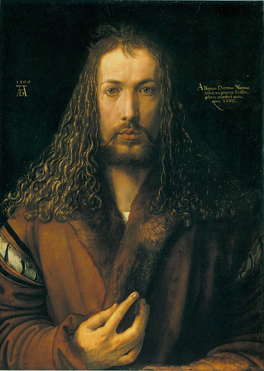 Albrecht Dürer, Self-Portrait in a Fur Skirt, 1500, oil on wood, Alte Pinakothek, Munich, photo: Wikipedia.  