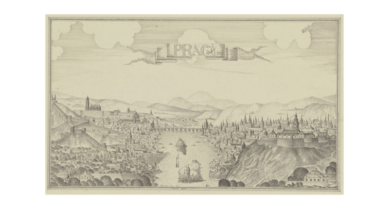 Illustration 1 : Johann Baptist Reiser : Vue de Prague avec la Moldau, env. 1770, plume et pinceau en gris sur papier, Collection graphique au musée Staedel de Francfort, n° d'inv. 5783.