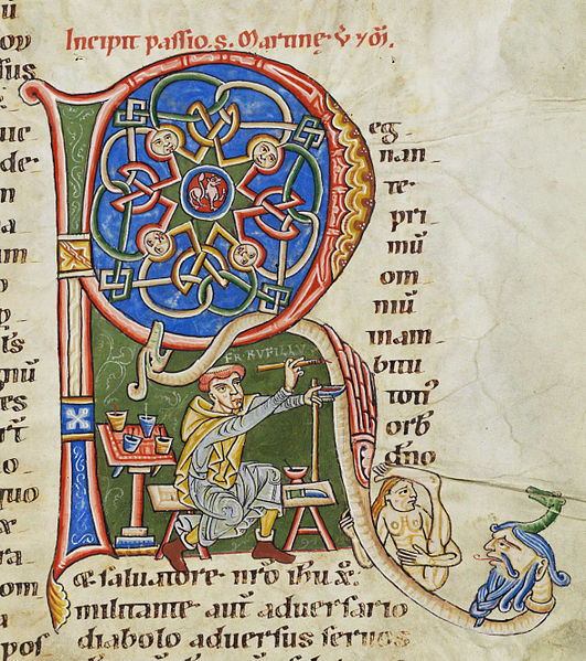 Rufillus pendant l'acte de peindre, Cod. Bodmer 127 (Weißenauer Passionale), fol. 244r, Fondation Martin Bodmer, Cologny-Genève, 12e siècle. Au-dessus de la calvitie, on peut lire « FR », ce qui signifie en latin « Frater », c'est-à-dire « frère ». Il est suivi de son nom « Rufillus ». Il s'identifie ainsi comme le peintre du manuscrit. 