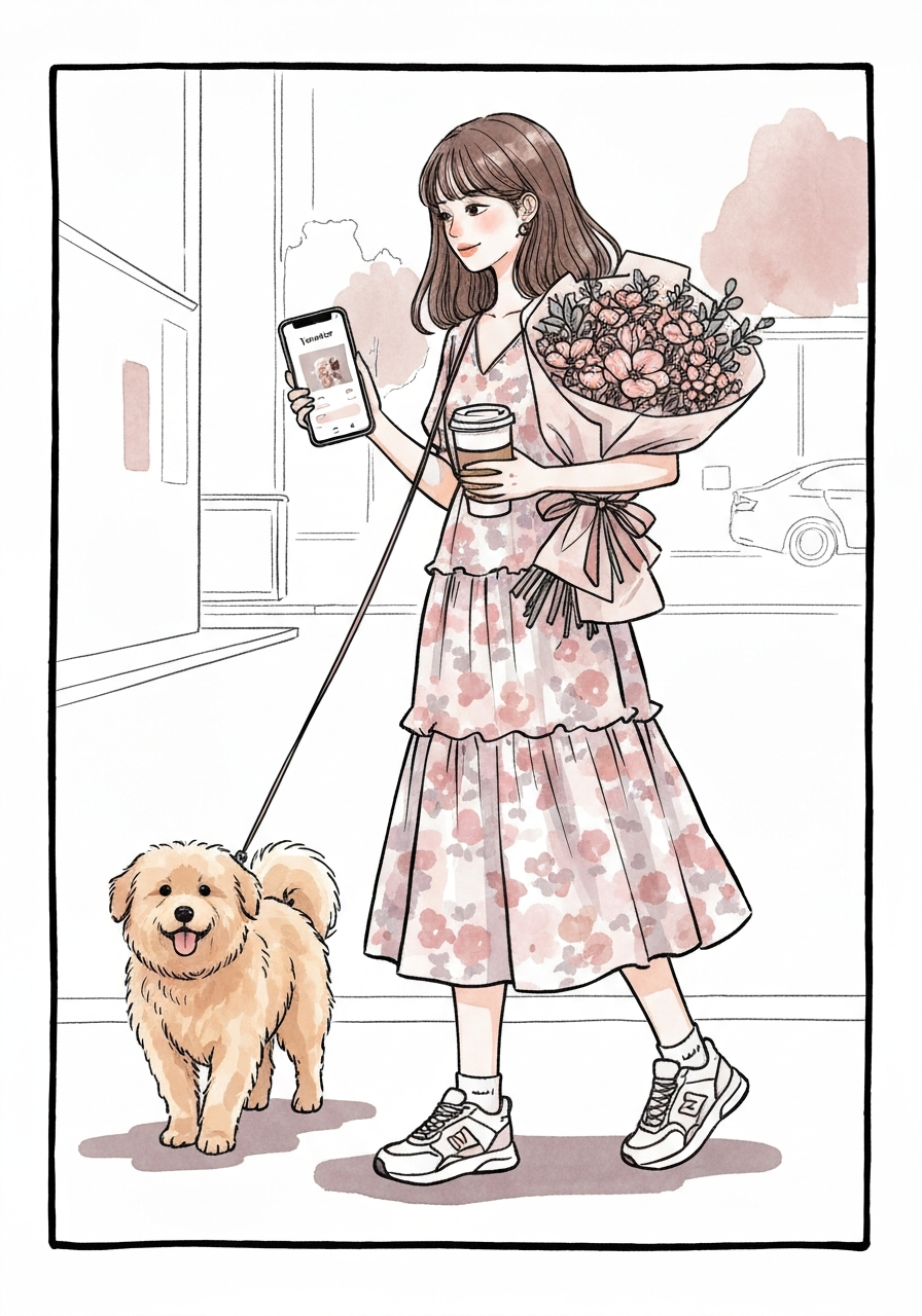 A watercolor-style illustration of a woman finding a moment of peace with the Youiee app while walking her dog.