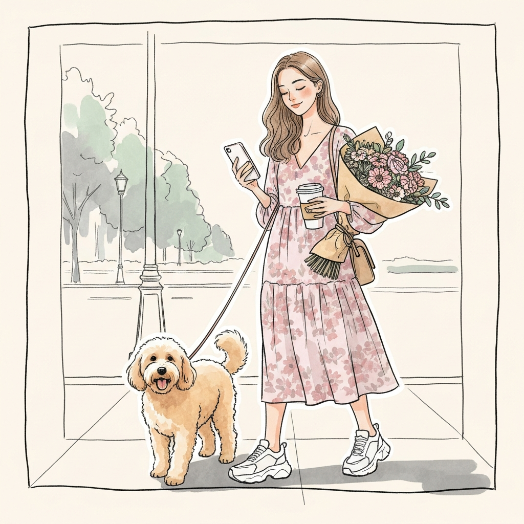 A watercolor-style illustration of a young woman in a floral dress walking her dog, holding a coffee and flowers, embodying a moment of peaceful self-care with the Youiee app.