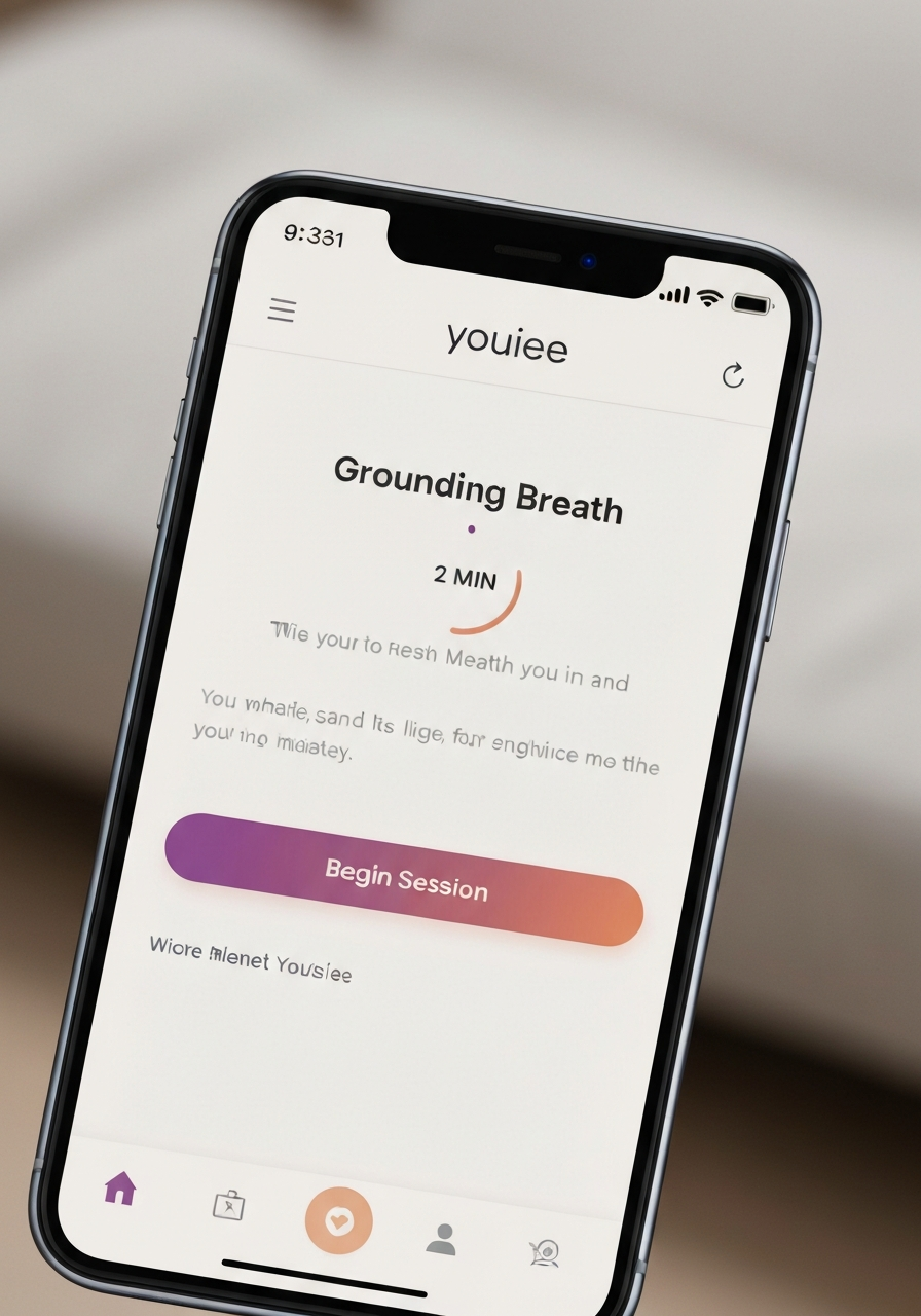 A detailed screenshot of the Youiee app's 'Micro-Reset Meditation' feature, showing a 2-minute 'Grounding Breath' exercise.