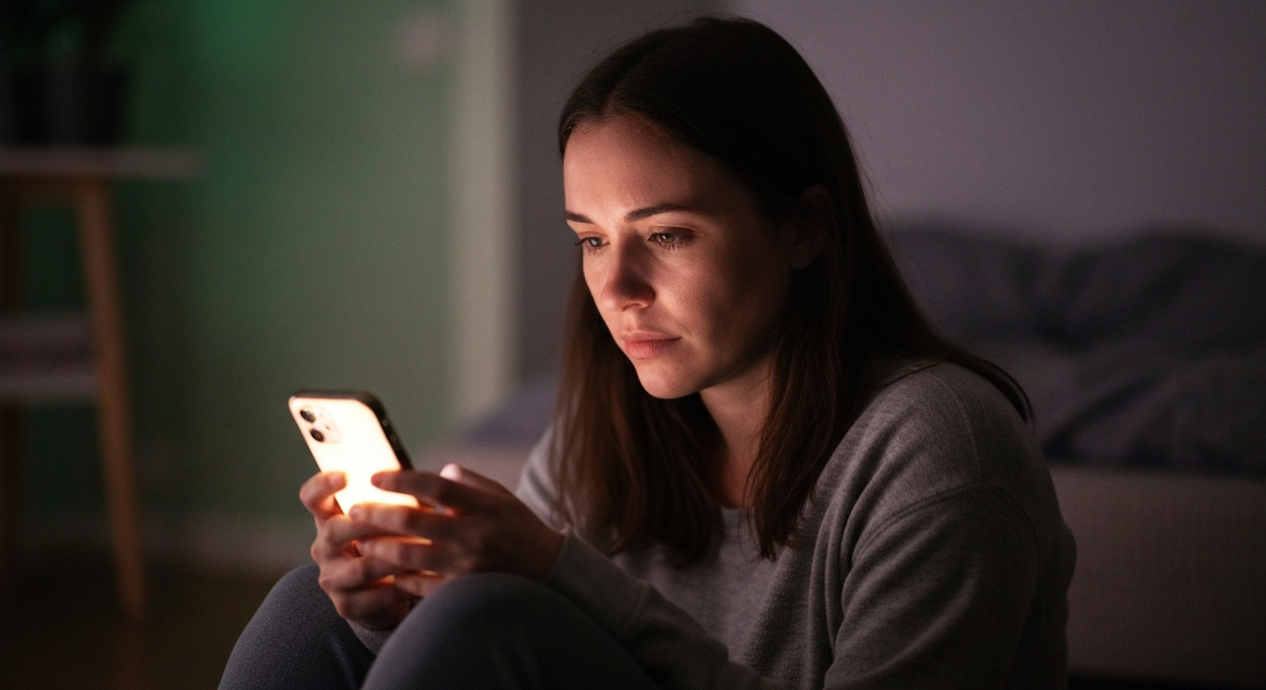 A woman finding a moment of peace with her phone in a dark room