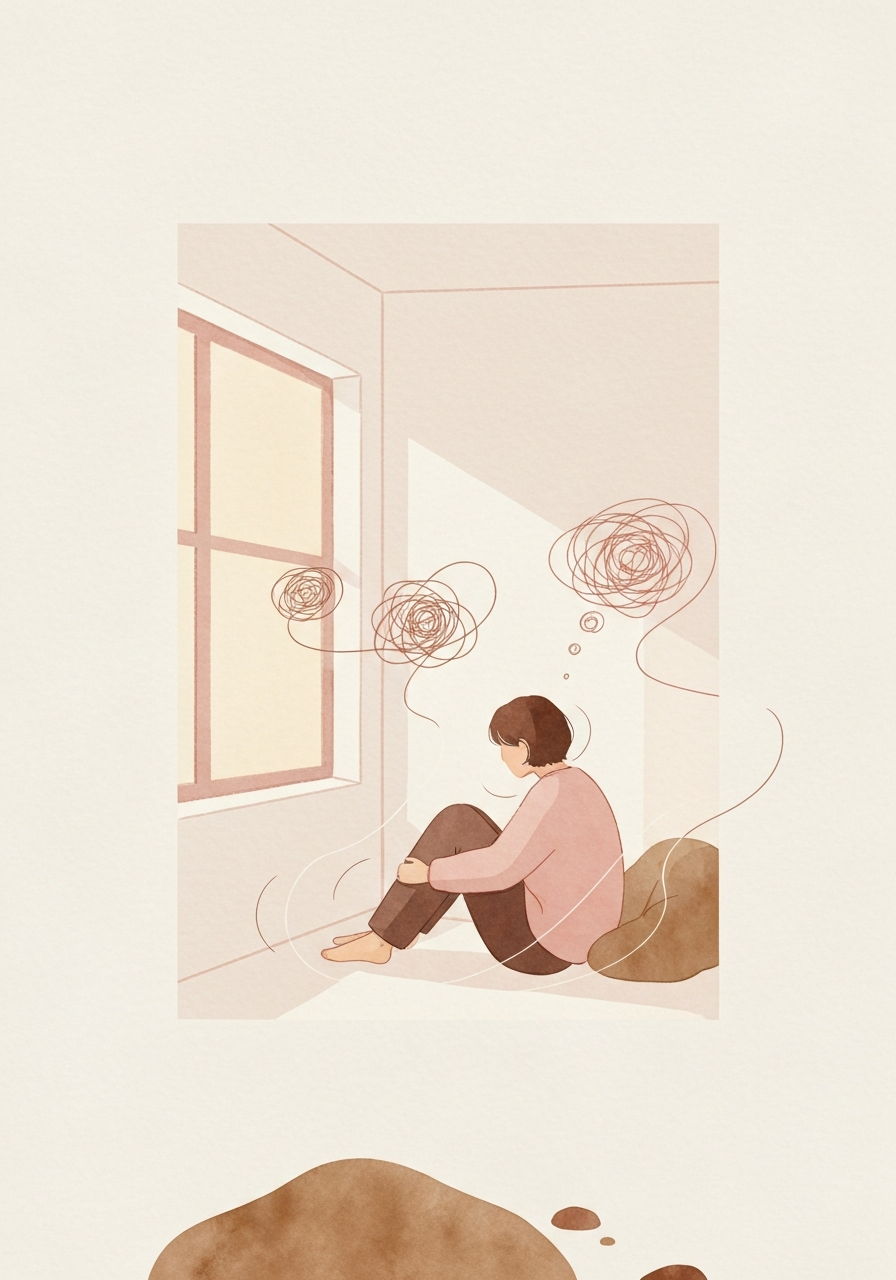 An elegant watercolor illustration showing a person in quiet reflection, symbolizing mental clarity and peace found with the Youiee app.