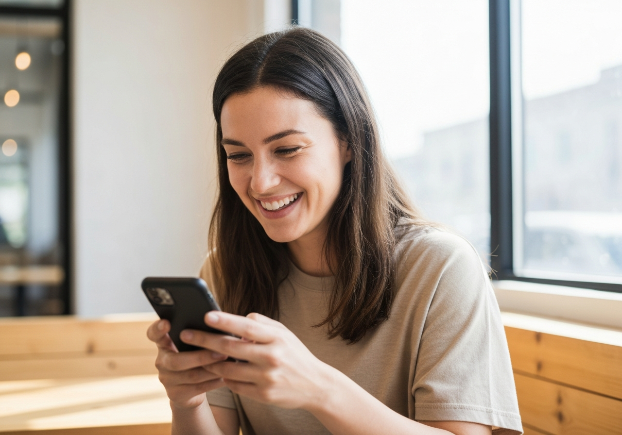 Woman smiling while using her phone