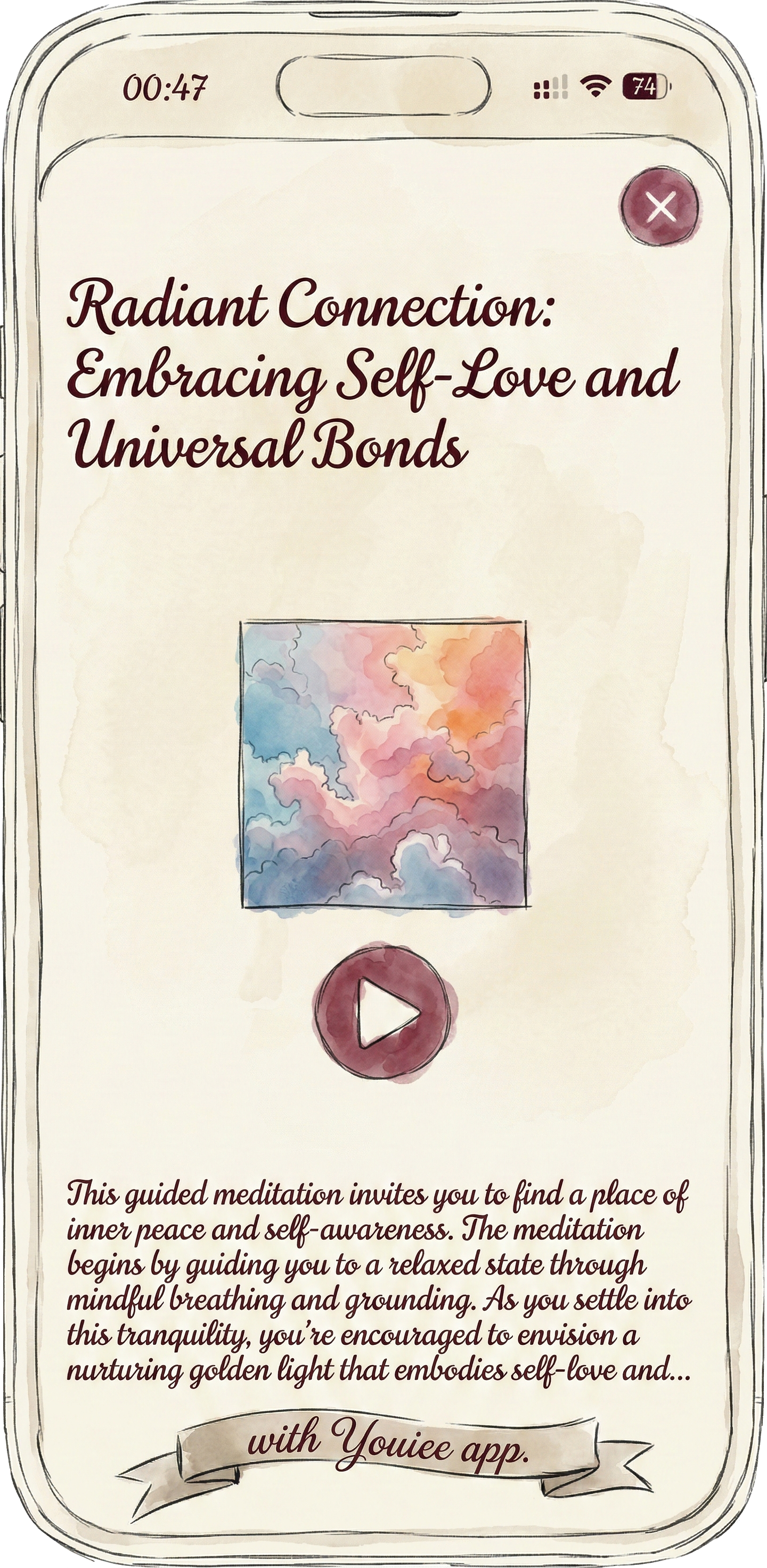 An artistic watercolor illustration showing a woman looking at the Youiee app on her phone, which displays a feature for spotting emotional patterns.