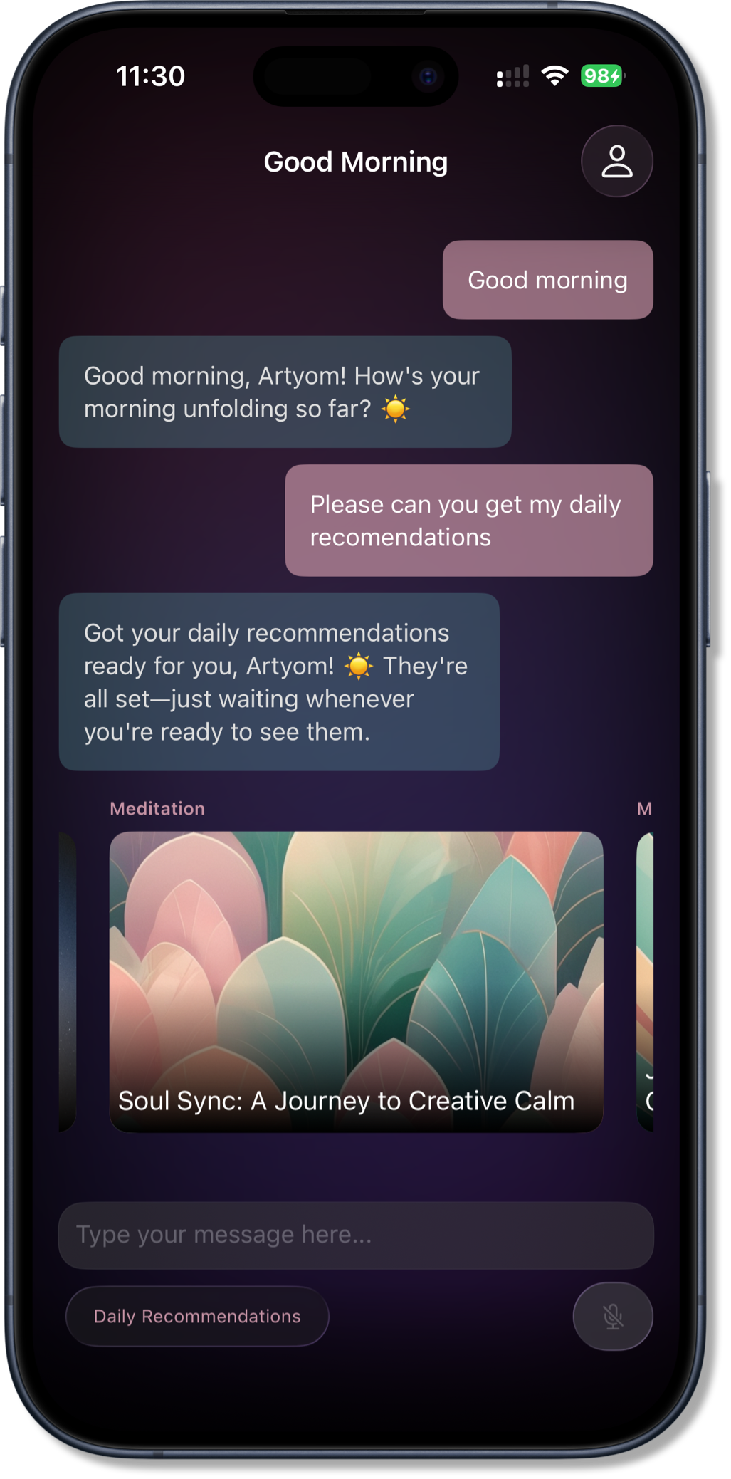 App showing daily recommendations