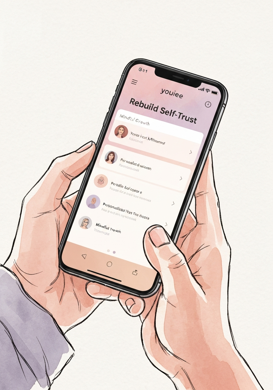A watercolor-style illustration of a person holding a phone showing the Youiee app's feature for rebuilding self-trust through affirmations.