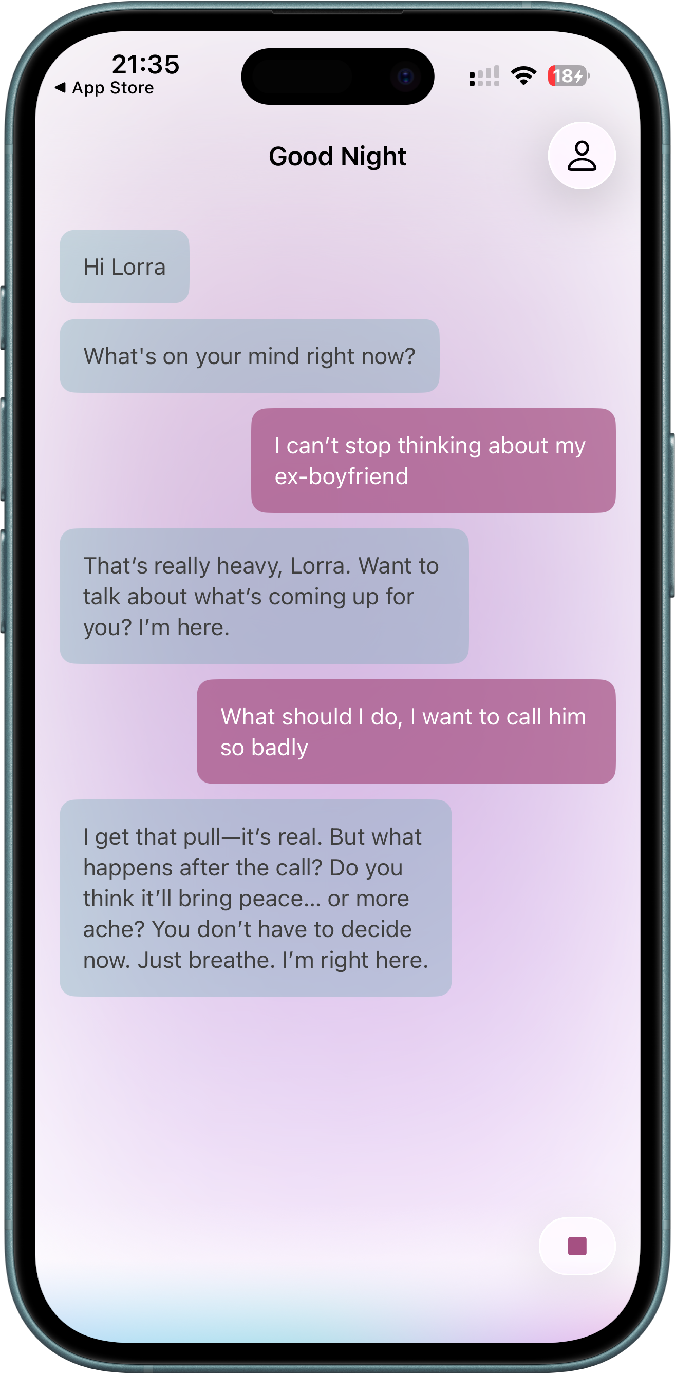 Youiee app conversation screenshot showing empathetic guidance.