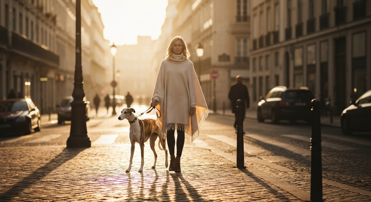 Woman walking a dog in a sunlit European city